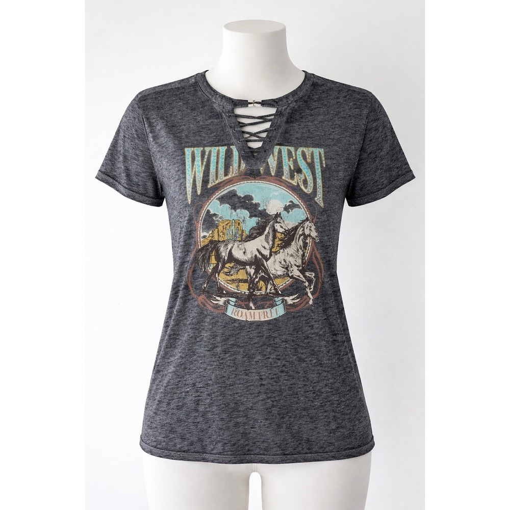 Cato Women's Wild West Roam Free Graphic T Shirt Lace Up V-Neck Burnout Gray MED